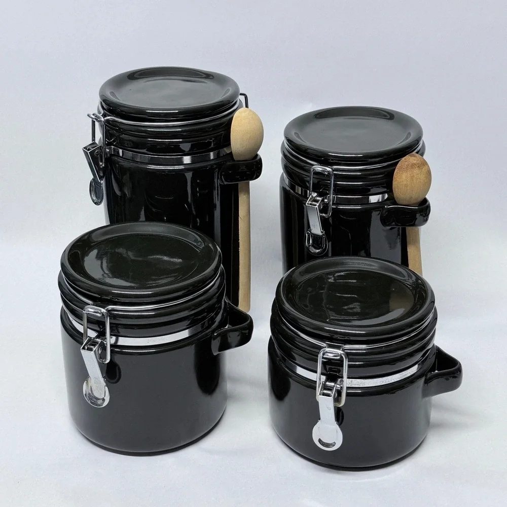 Black Ceramic Canister Set 4 Piece Airtight Locking Lids with Wooden Spoons